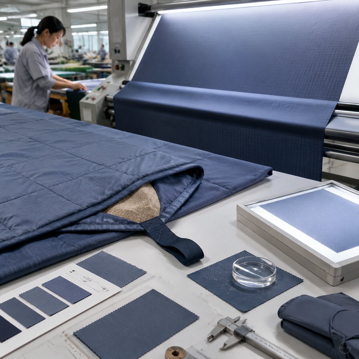 Close-up of 110gsm recycled nylon ripstop beach blanket fabric with visible reinforcement grid, sewn corner weight pocket, bartacks and coating inspection under factory lights