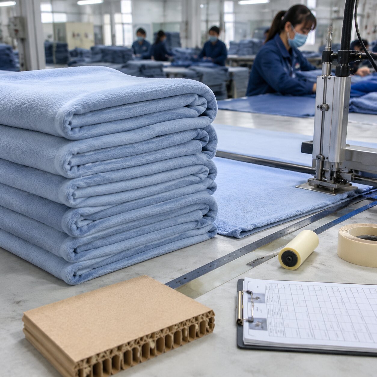 Stack of folded light blue brushed polyester airline blankets with clean heat-cut edges on a factory inspection table