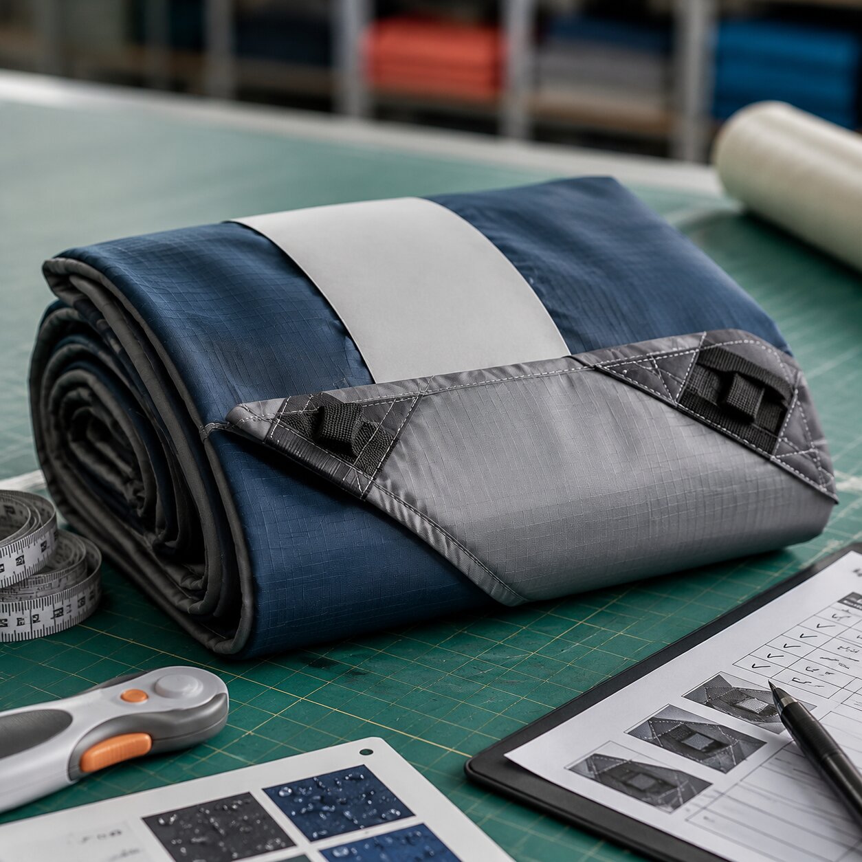 145gsm 190T polyester pocket picnic blanket folded beside corner sand anchor pockets and reinforced peg loops