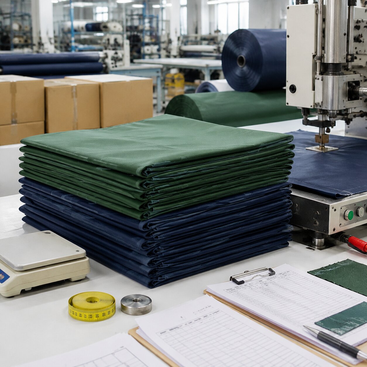 Stacks of folded RPET nonwoven picnic ground sheets with welded seams and printed sponsor logos in a factory packing area