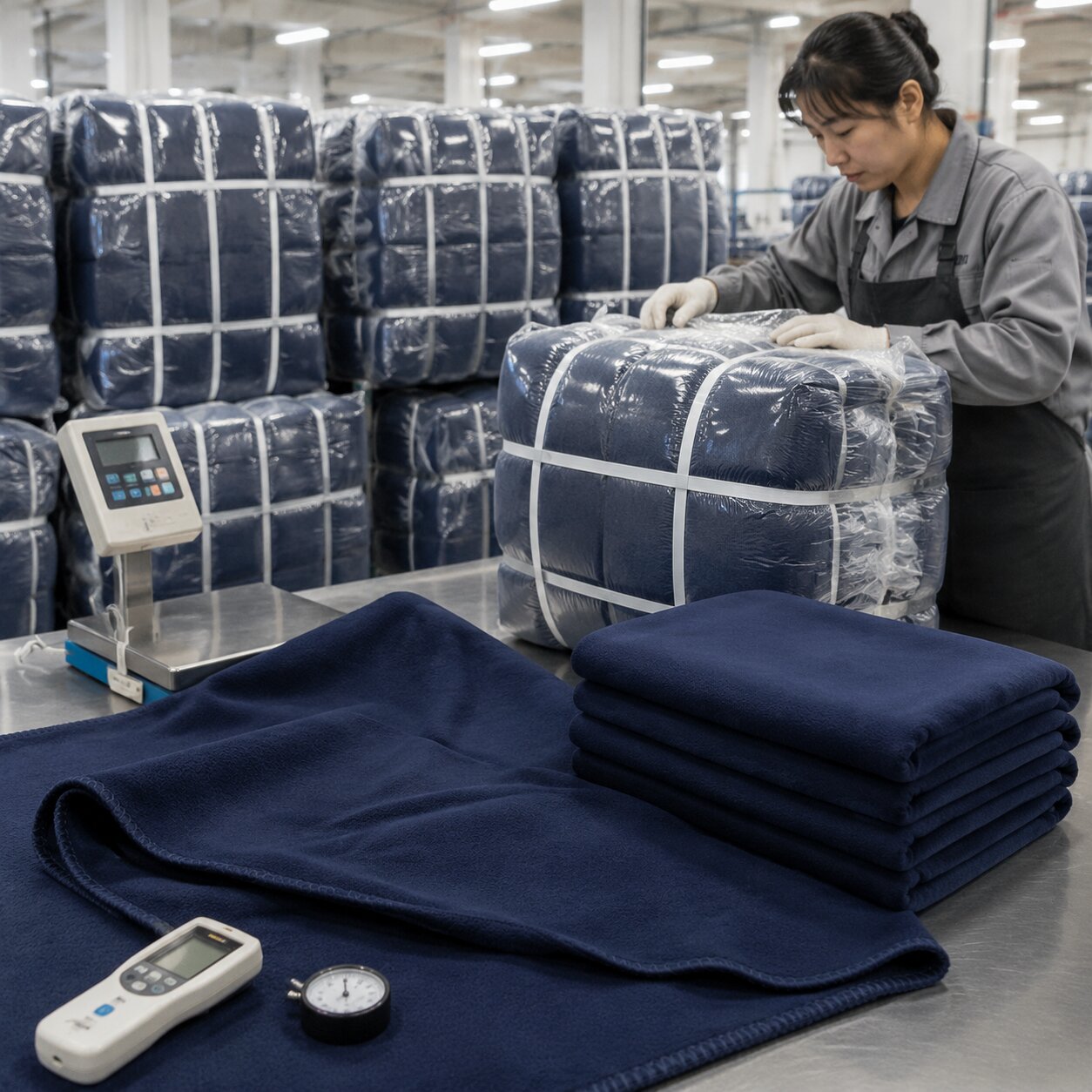 Bale-packed navy 180gsm polyester fleece disaster relief blankets with overlocked edges in a factory packing area