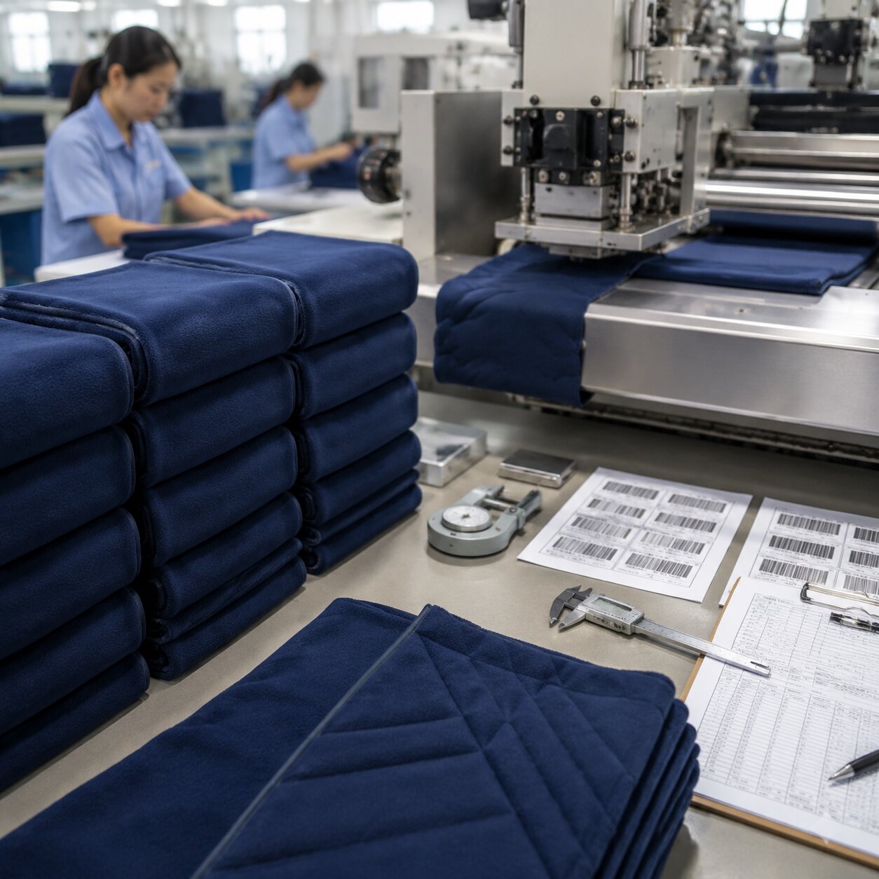 185gsm navy polyester airline fleece blanket folded into a compact cube with visible ultrasonic centre fold lines on a QC table