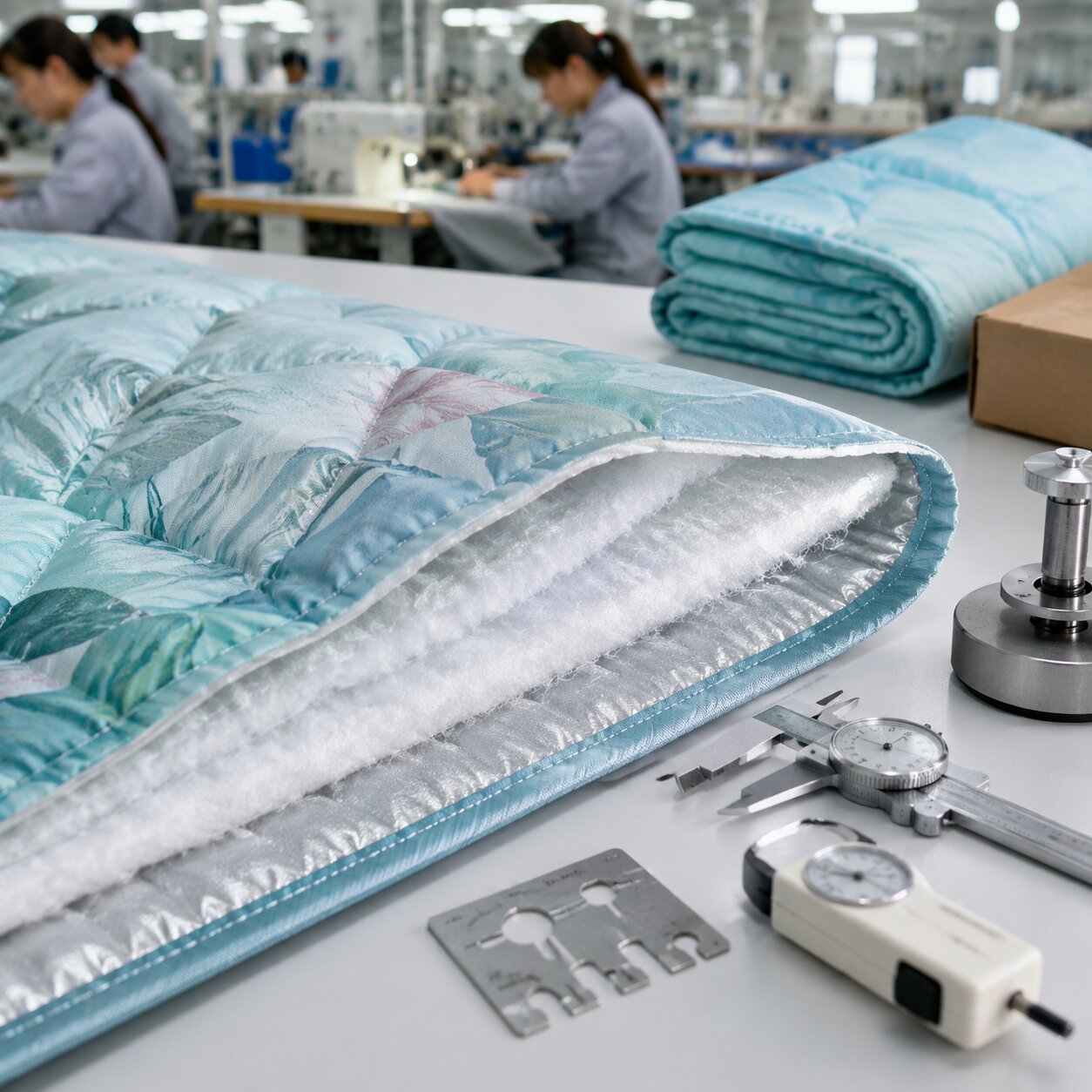 Cross-section of a 190T polyester picnic blanket showing shell fabric, needle-punched filling, moisture barrier backing and stitched channels