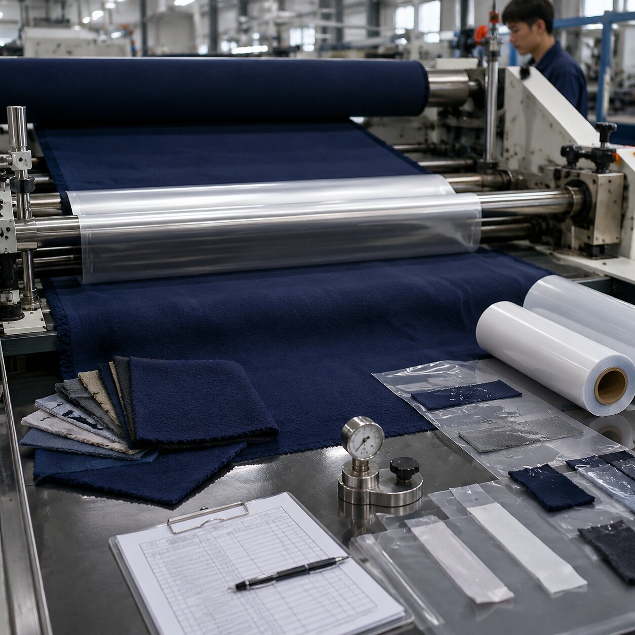 Rolls of navy polar fleece laminated with translucent TPU membrane on a textile inspection table