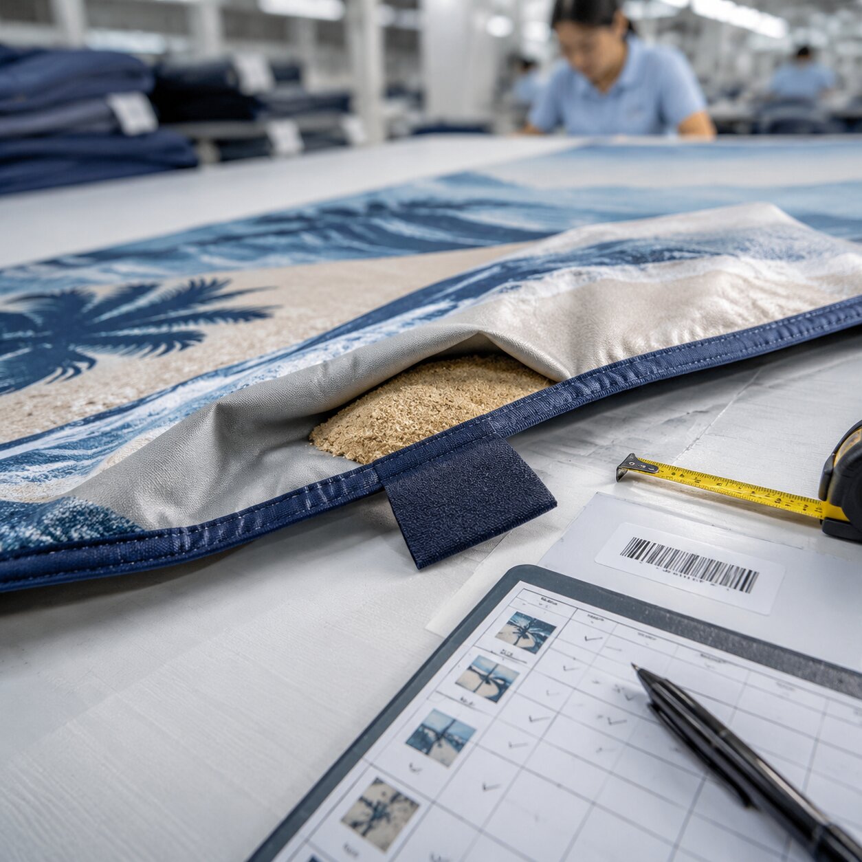 200gsm brushed polyester beach blanket corner pocket filled with sand and reinforced edge hem close-up