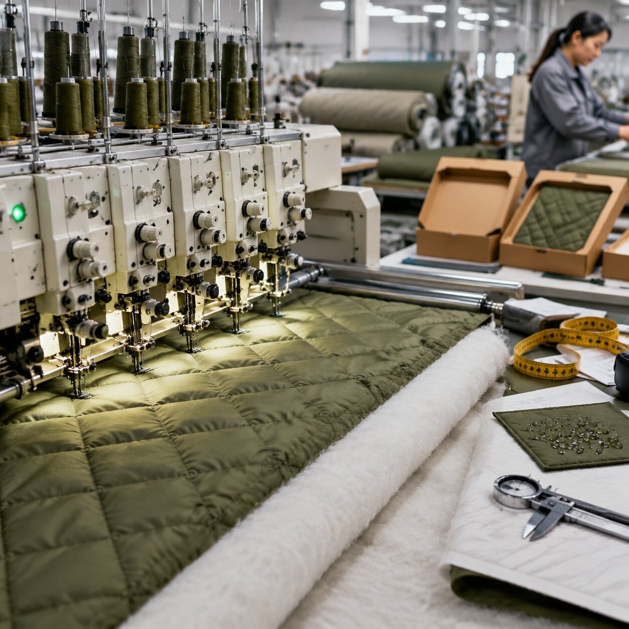 Quilted 210D nylon ripstop picnic blanket with C0 DWR finish and 60gsm polyester padding laid on a cutting table