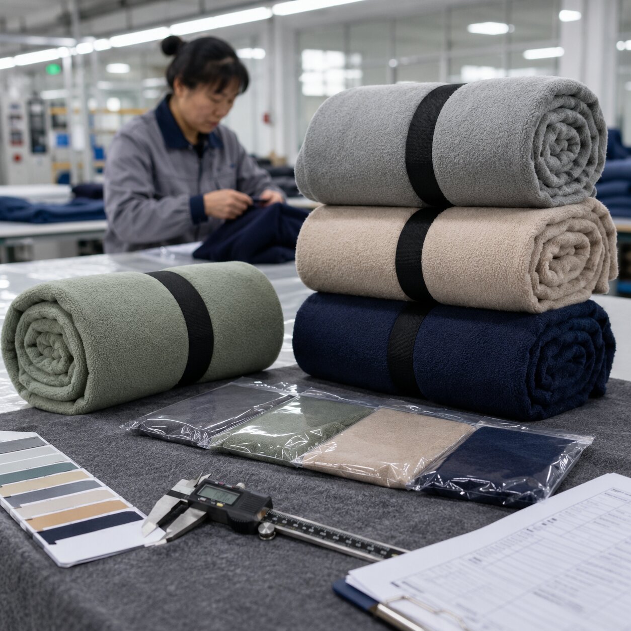 Rolled grey RPET microfleece travel blankets with elastic wrap bands on a QC table beside calipers, carton spec sheets and folded airline amenity pouches