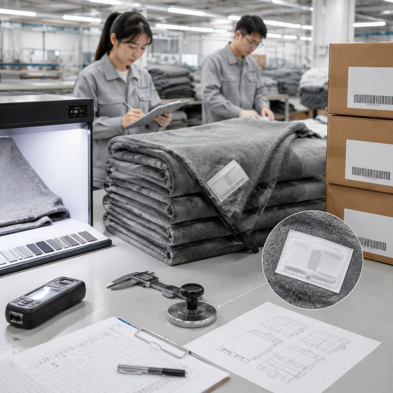 Stacks of folded 210gsm grey microfleece hotel blankets with sewn RFID laundry tags and carton labels on a factory inspection table
