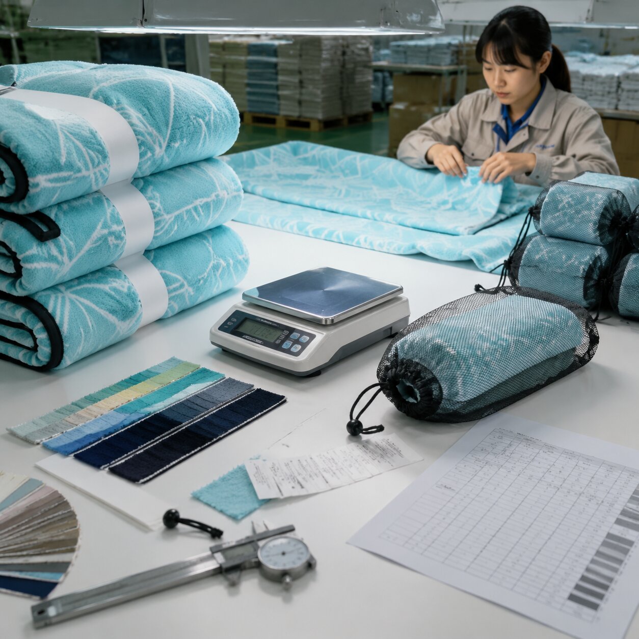 210gsm nylon-polyester cooling beach blankets being checked for hem width and fabric face in a textile QC area