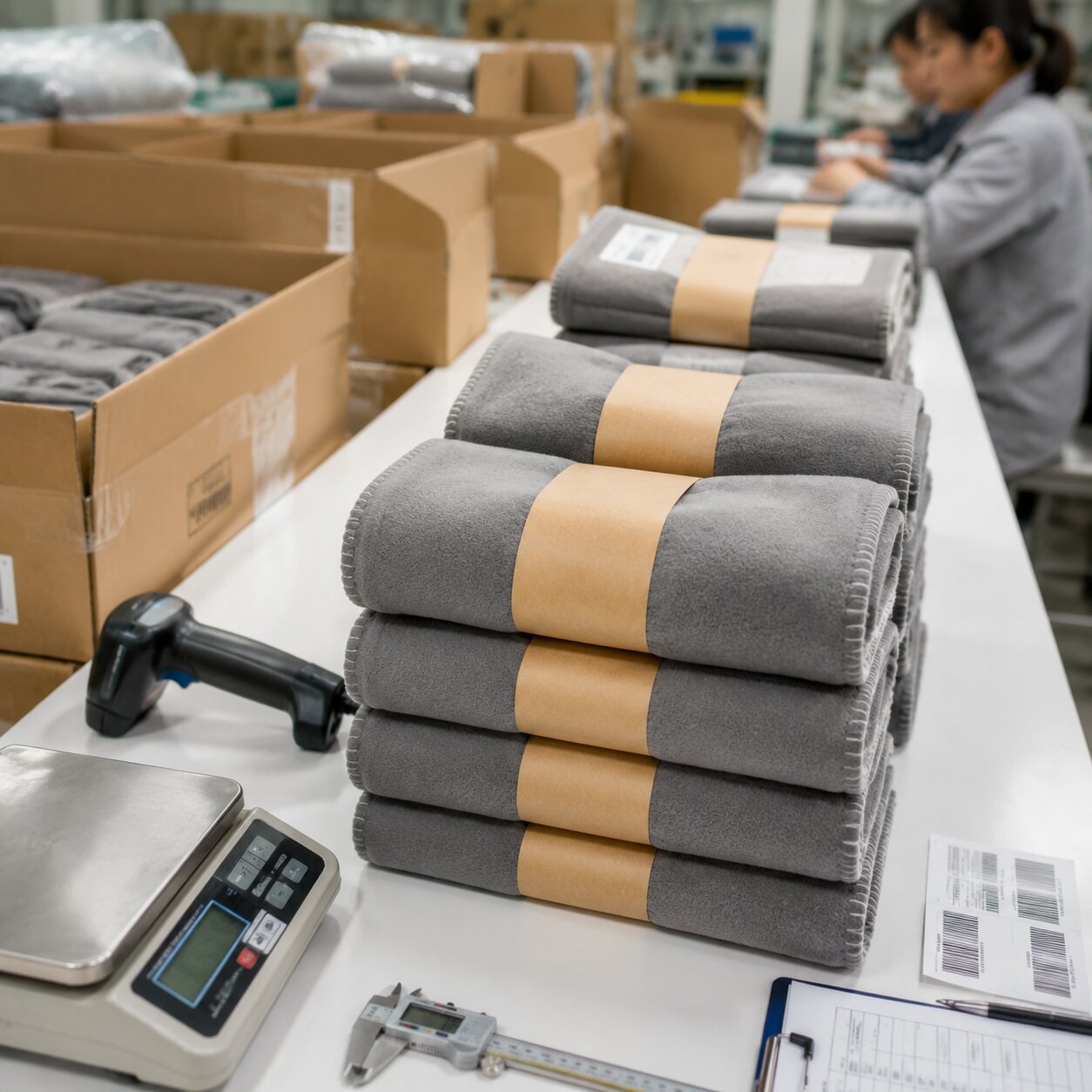 Cartons of folded grey RPET microfleece airline blankets with FSC paper belly bands and checked shipping marks