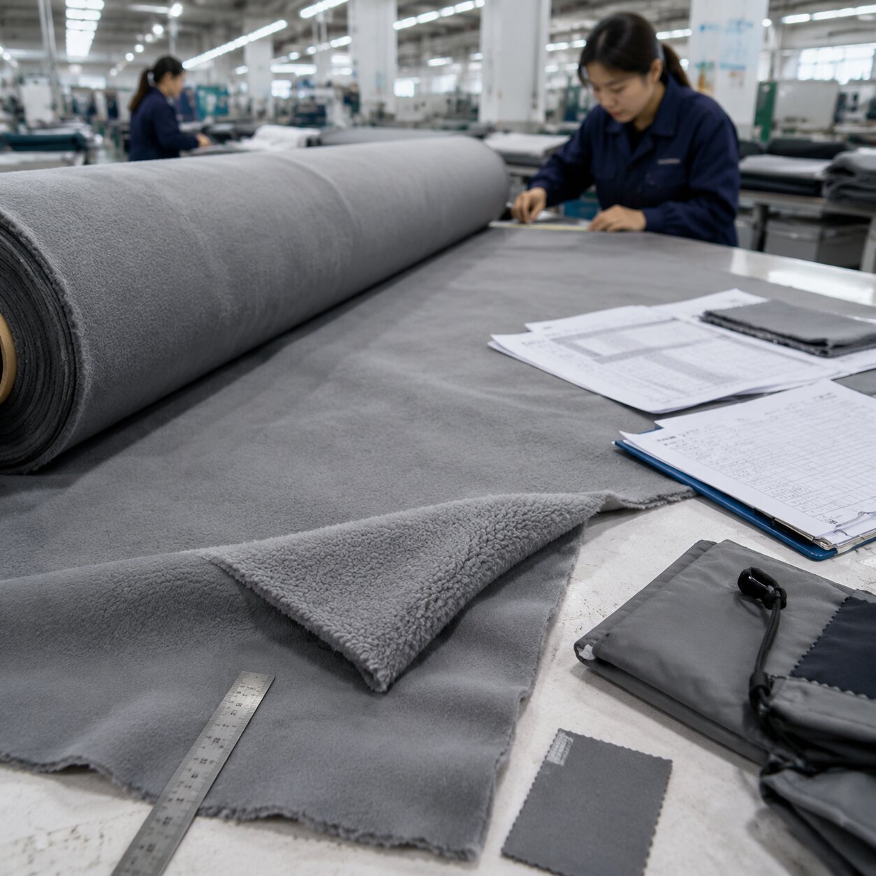 Grey 220gsm microfiber travel blanket fabric under inspection with roll tags, QC ruler, edge samples and flammability lab paperwork on a factory table