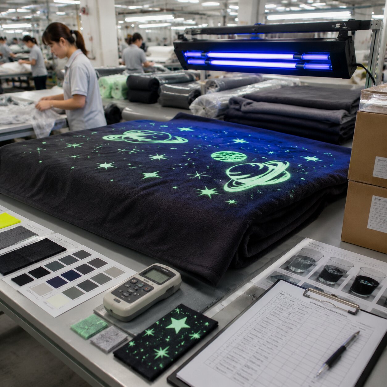 220gsm navy polyester fleece blanket with glow-in-the-dark screen print under UV inspection on a factory print table