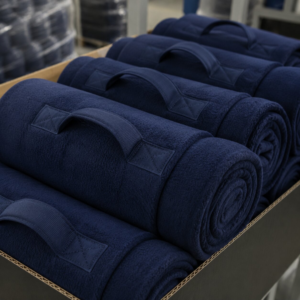 Rolled navy 220gsm polar fleece stadium blankets with carry loops and visible bar-tack stitching in a shelf-ready carton