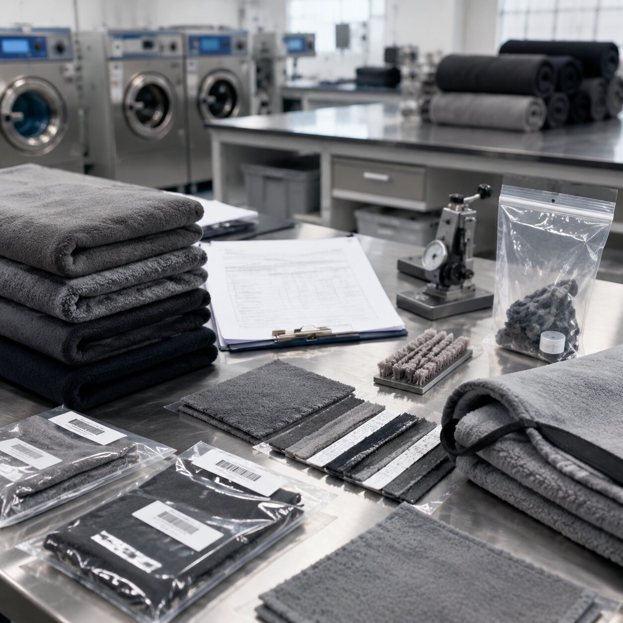 Stacked 220gsm polyester polar fleece gym blankets beside lab swatches, wash tags, and QC test sheets in a textile mill sample room