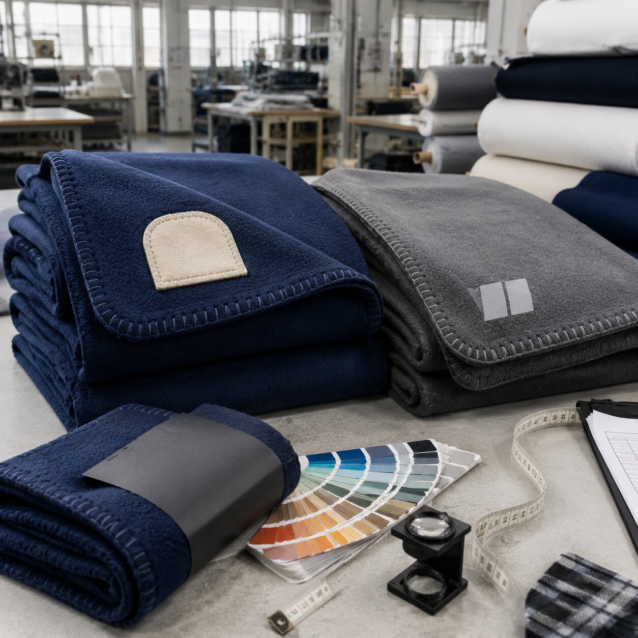 Stacked 230gsm polar fleece stadium blankets with whipped stitch edges and sampled college logo patches on a cutting table