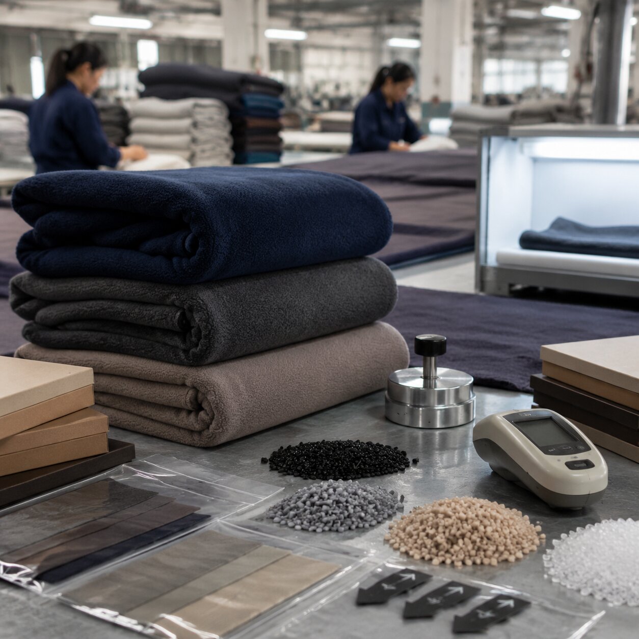 Folded navy and charcoal 230gsm polyester fleece throws beside fibre colour chips, sealed shade standards and a QC light box in a blanket factory