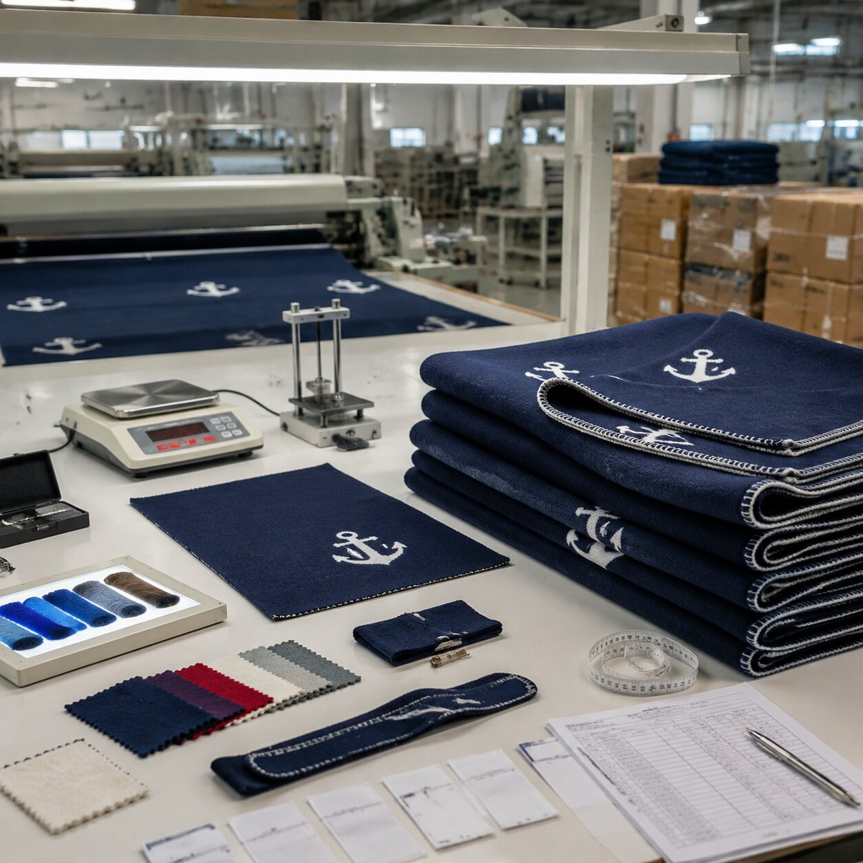 Folded navy 240gsm acrylic marine blankets with stitched labels on a QC table beside GSM cutter and colour swatches