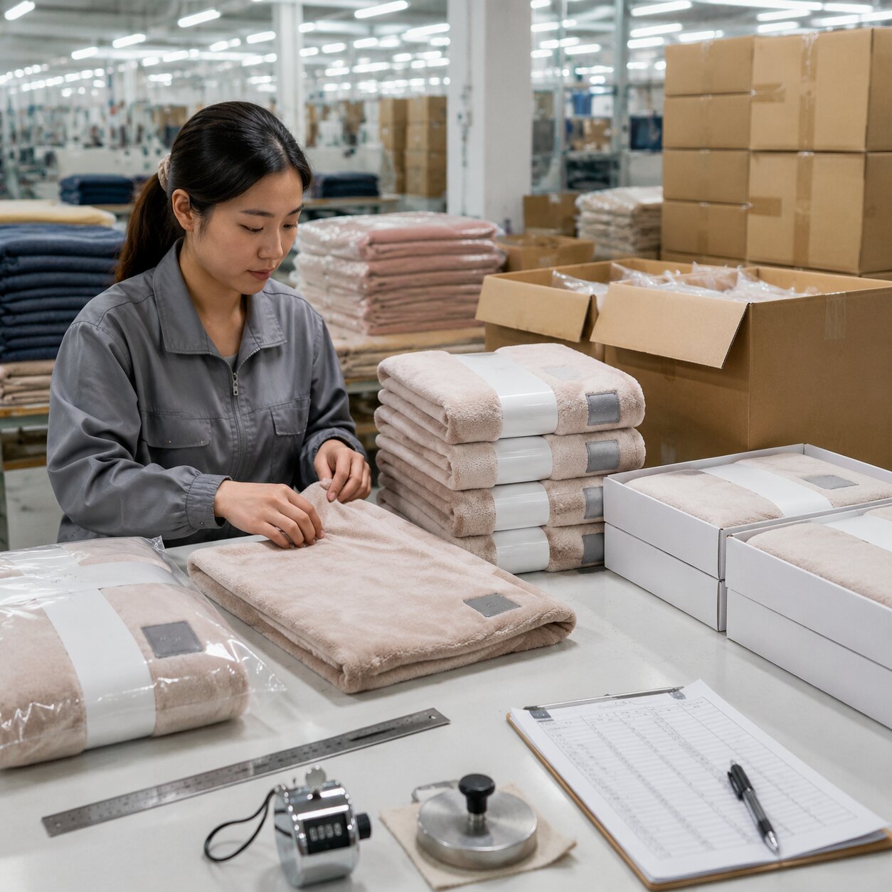 Folded 240gsm polyester polar fleece blanket with woven corner label visible in a retail-ready case, beside ruler, stitch counter, carton test notes and QC checklist