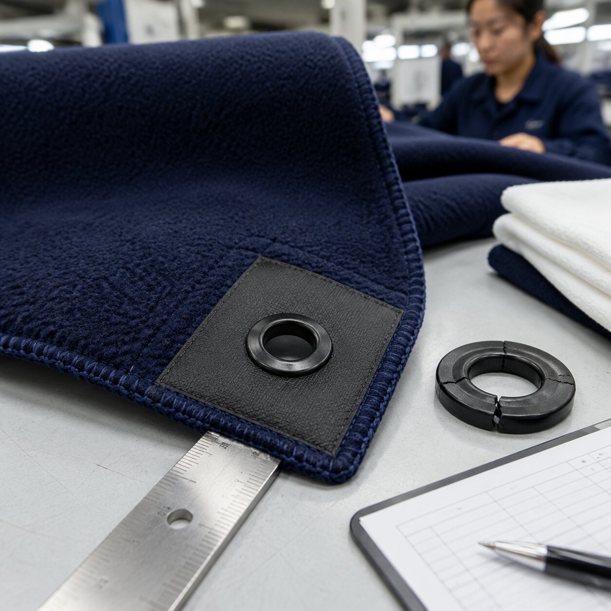 Navy 245gsm brushed polar fleece event blanket corner with black plastic grommet, reinforced patch and ruler on cutting table
