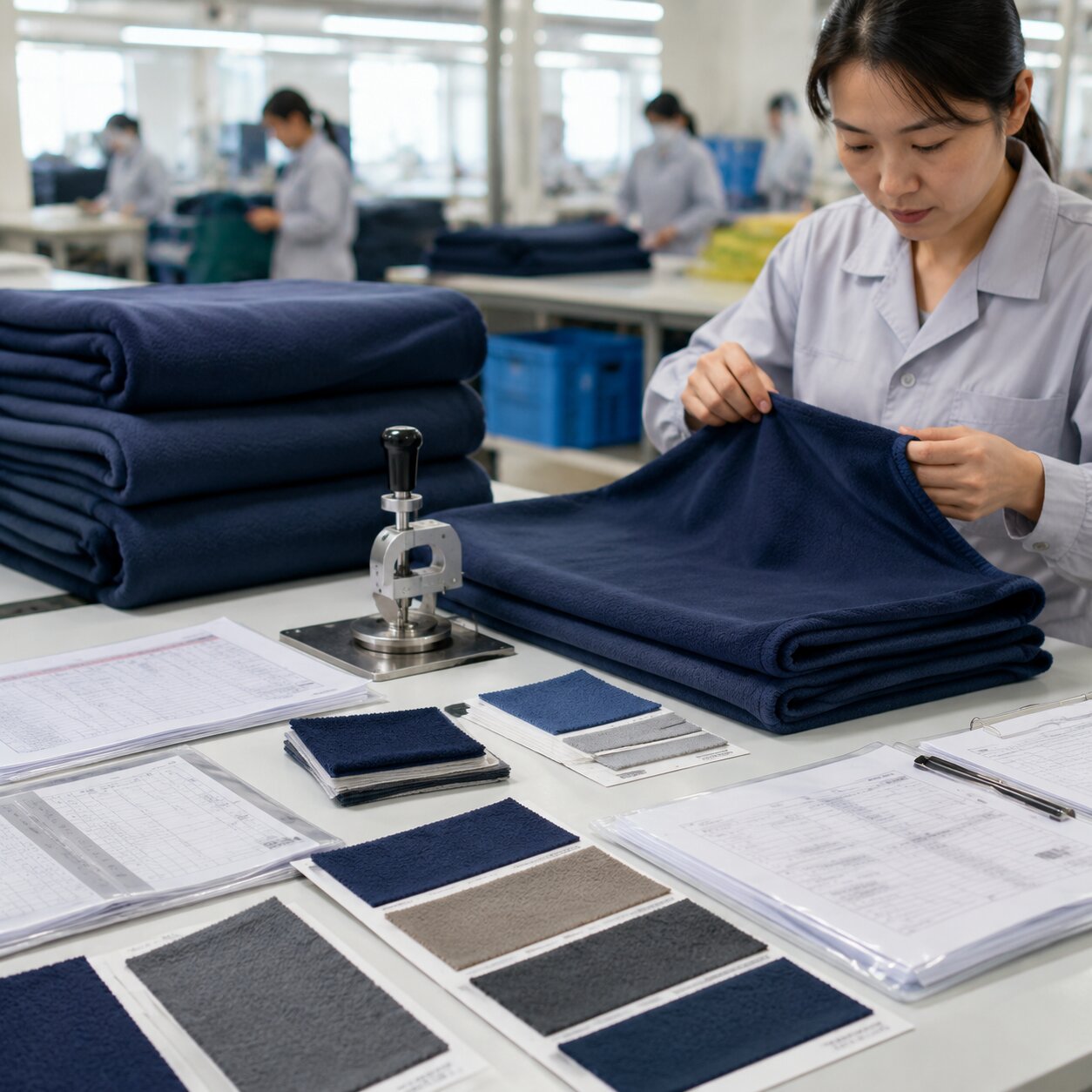 Stacks of navy brushed microfiber airline blankets with antimicrobial finish sampling cards in a textile QC room