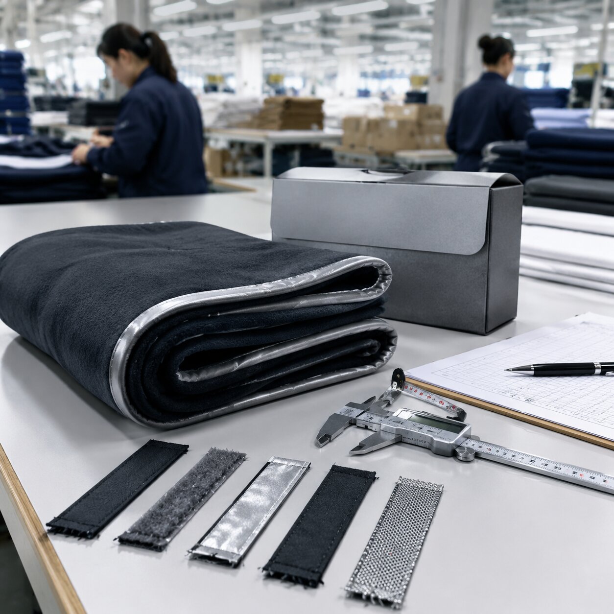 Folded navy polar fleece emergency blanket with silver reflective piping beside a carton cube planning sheet