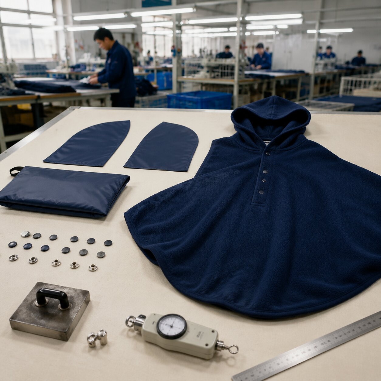 250gsm polyester fleece poncho blanket folded beside snap closures, hood pattern pieces and a fabric pouch on a cutting table