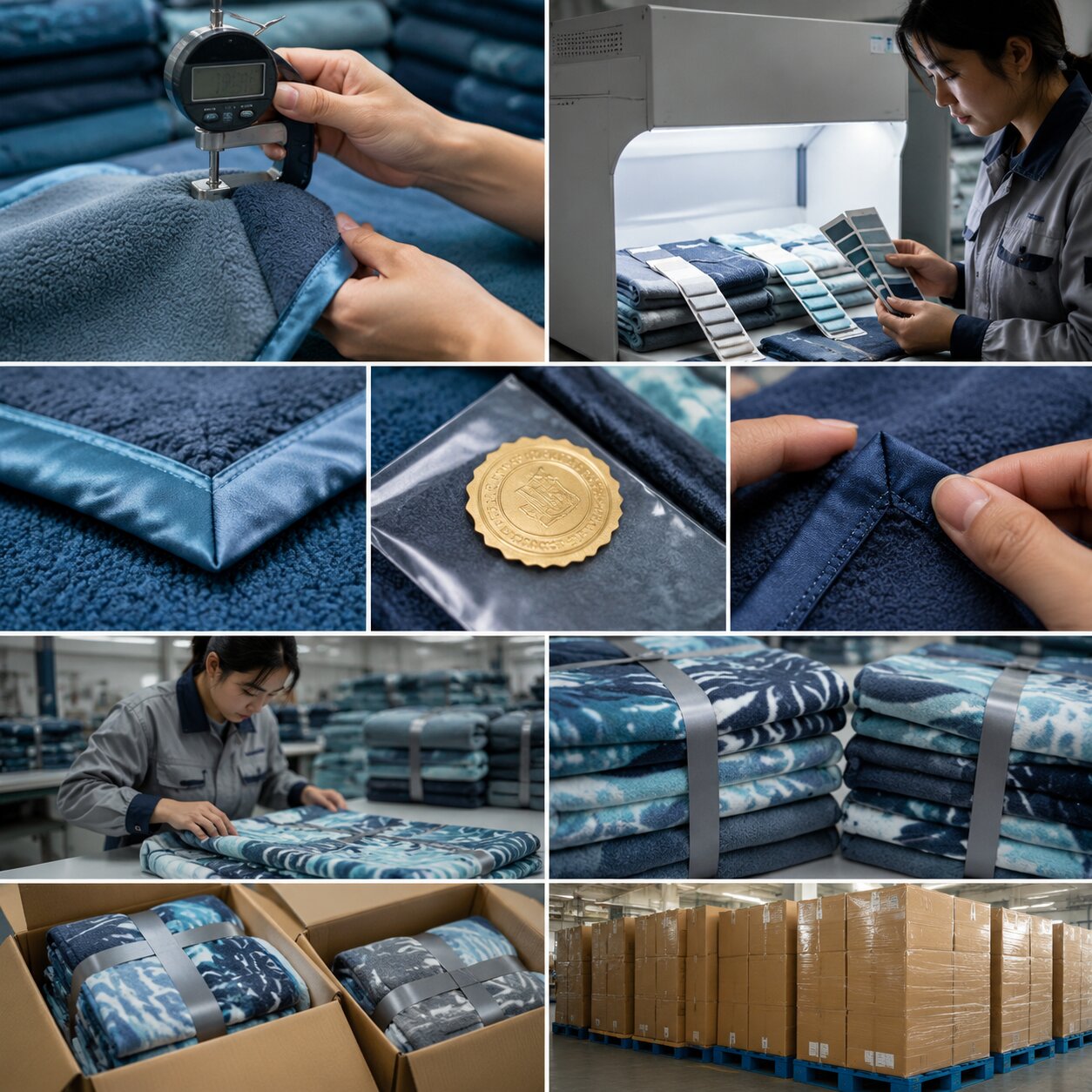 Close view of a 250gsm polyester fleece throw with satin ribbon binding being inspected for corner bulk, edge alignment, ribbon shade match and folded retail presentation