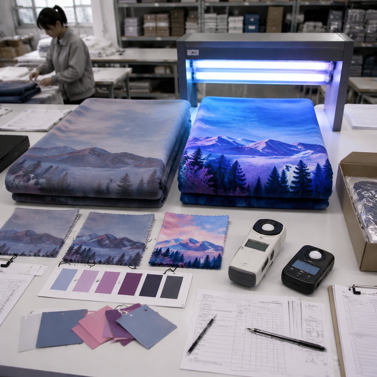 Folded 250gsm polyester polar fleece blankets with photochromic printed panels under controlled UV-A test lamps in a textile quality room