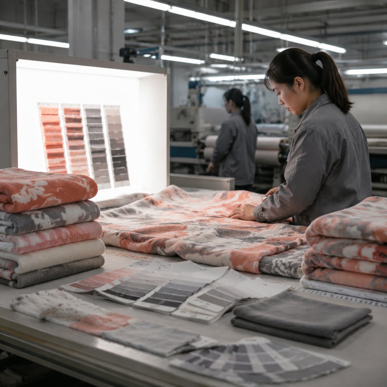 Close view of 260gsm polyester coral fleece discharge print strike-offs under D65 light