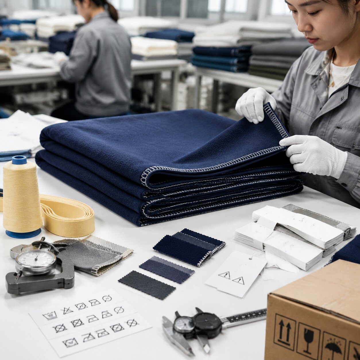 Navy 260gsm polar fleece camp blanket with aramid stitched binding beside labelled trim cards, GSM cutter, calipers and carton inspection sheet