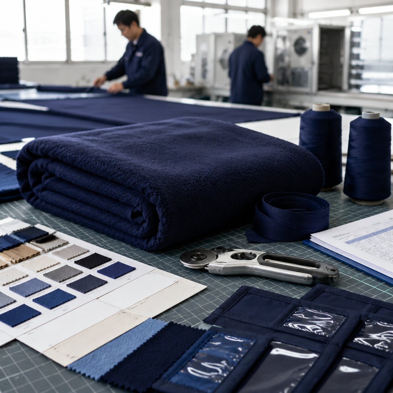 Navy 260gsm Trevira CS polyester fleece blanket with bound edge and marine compliance documents on a cutting table