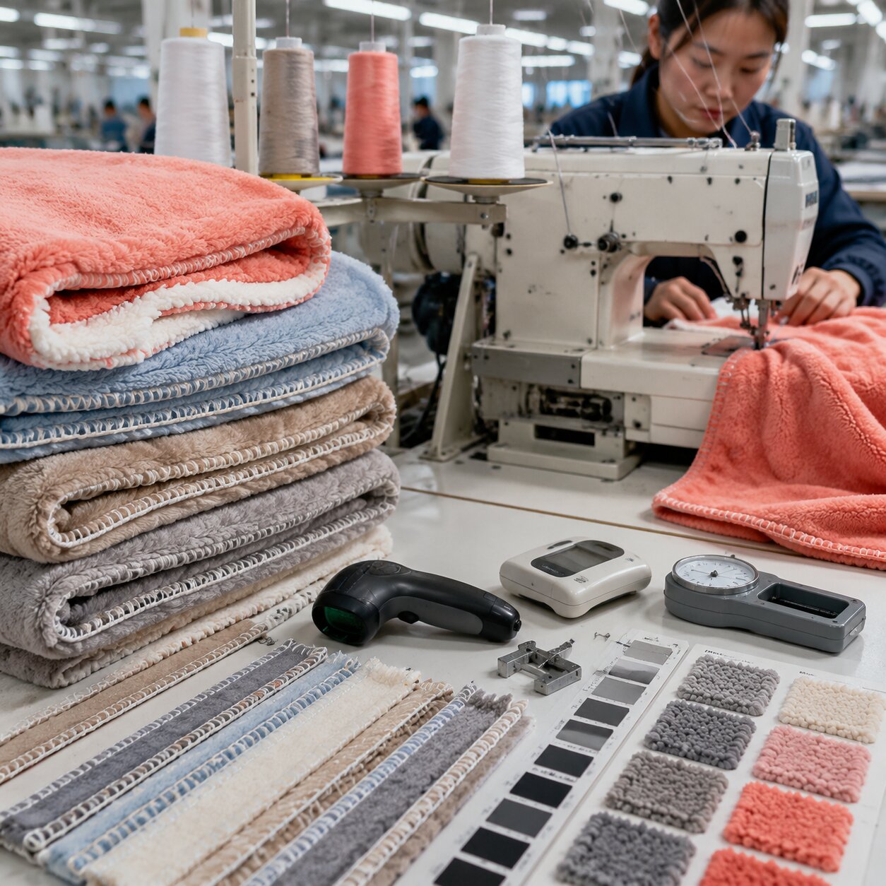 Close view of a 270gsm coral fleece throw with navy contrast flatlock-style seams being checked for stitch balance, seam width and pile distortion