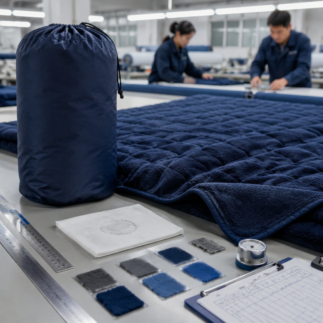 Close-up of navy 275gsm polyester grid fleece camp blanket folded beside a ripstop stuff sack and measuring tape