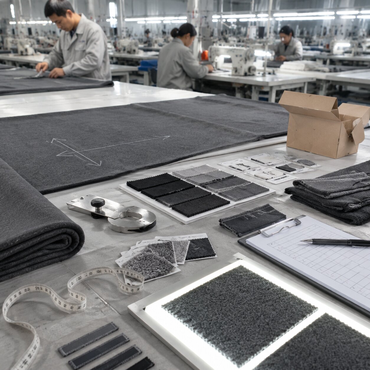 Dark polyester polar fleece blanket panels on a cutting table with nap arrows, hook-contact screening swatches, overlocked edge samples and QC tags in a blanket factory