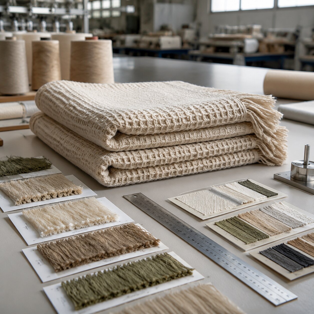 Stacked natural-toned hemp-cotton waffle throws beside lab dips, bulk swatches, and a loom sample in a textile mill QC room