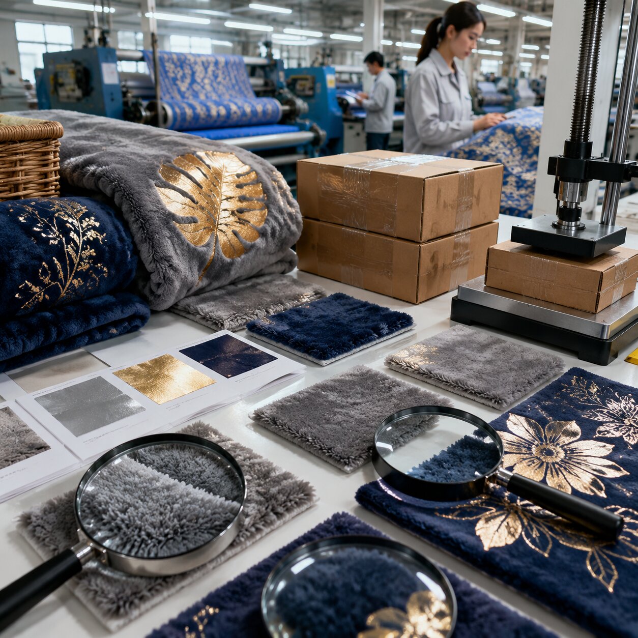 Stacked 280gsm milk-velvet polyester throws with metallic foil motifs, alongside peel-test cards and compressed retail cartons in a textile QC area