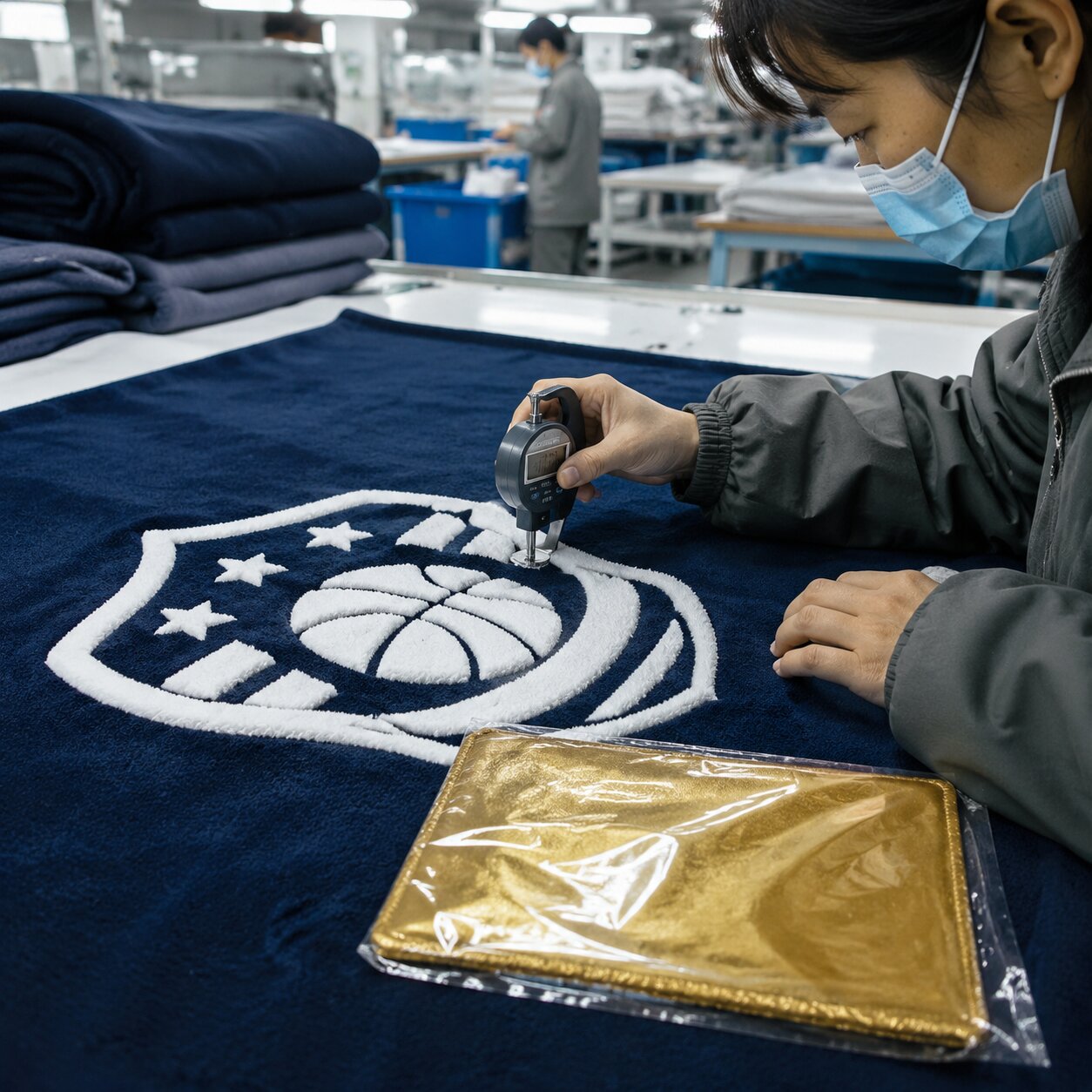 Close-up of raised puff screen print ink on a navy 280gsm polyester flannel throw during QC measurement