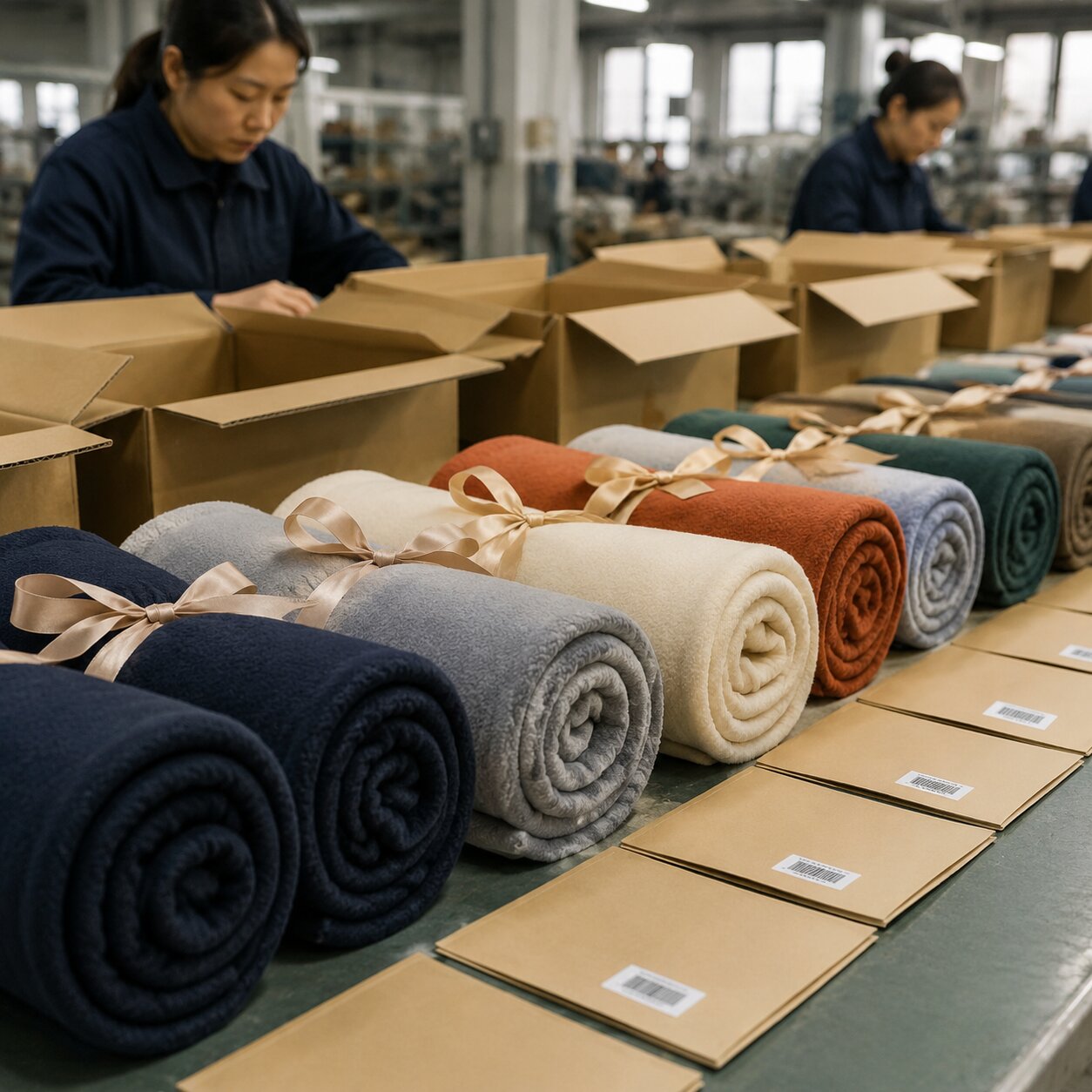 Rolled 280gsm polyester fleece blankets tied with satin ribbons on a packing table with barcode labels and open export cartons