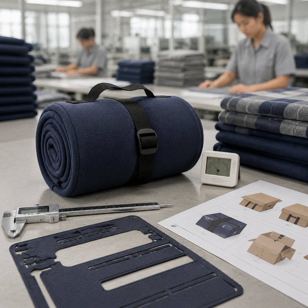 Rolled navy 280gsm polyester fleece rail travel blanket with elastic luggage strap measured beside a seat pocket gauge