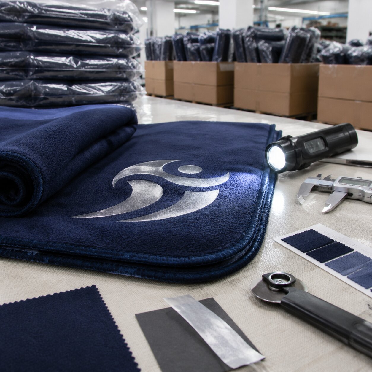 285gsm navy polyester fleece stadium blanket with silver reflective heat transfer logo, QC tools and labelled concession refill cartons