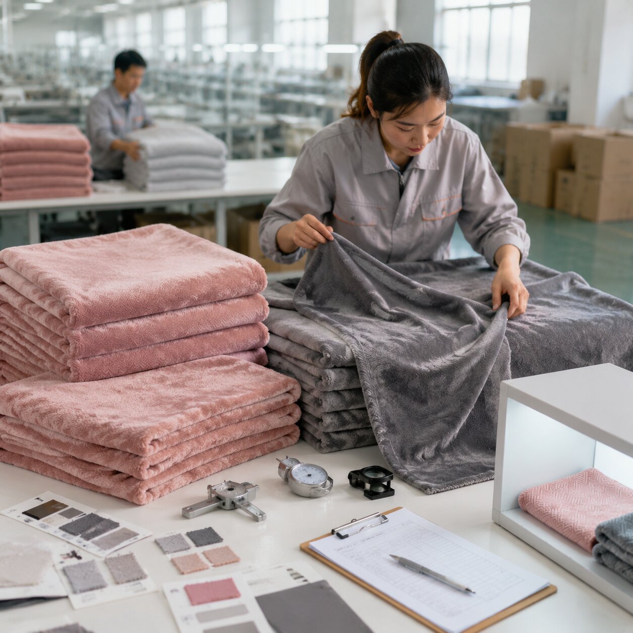 Stack of folded modal-polyester velour throws showing nap direction and shade variation under inspection light