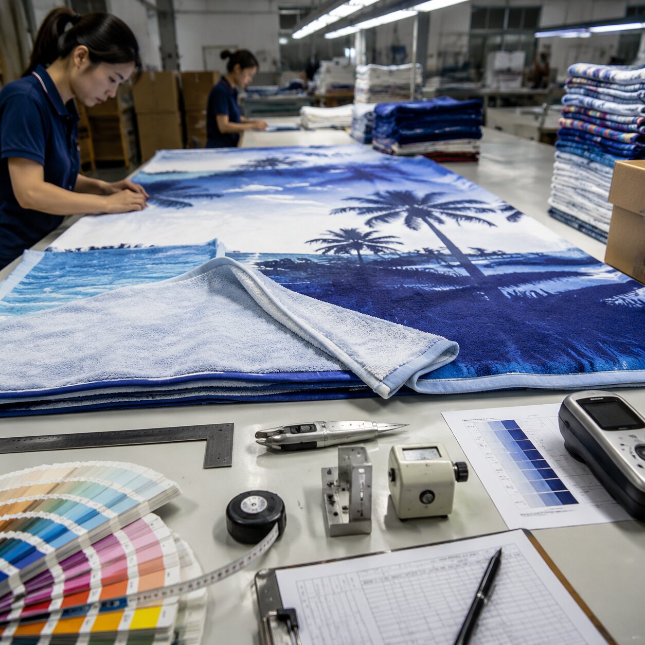 Stack of sheared polyester velour beach towels on a cutting table with Pantone swatches, measuring square and QC tags in a textile factory