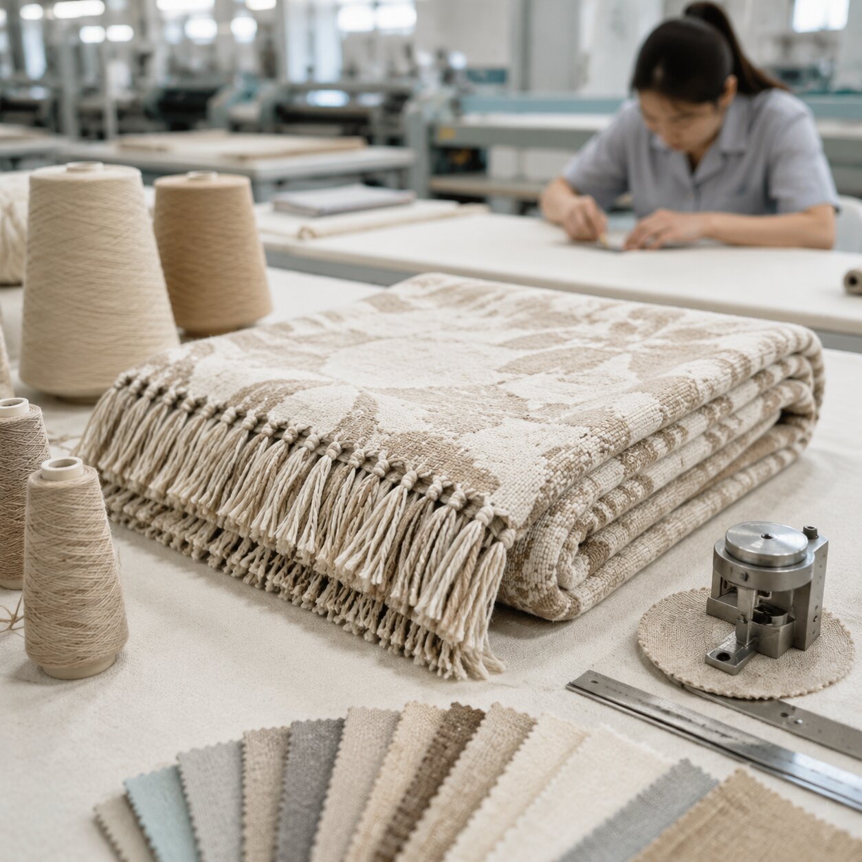 Close view of a 310gsm chenille jacquard throw with geometric pattern, twisted fringe and shade approval swatches on a mill inspection table