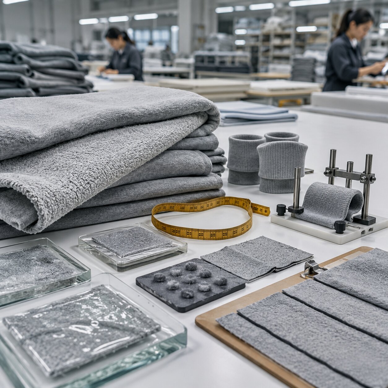 Folded heather grey sweatshirt fleece throw with rib-knit cuffs on a cutting table beside loopback fleece yardage and rib trims in a factory sample room