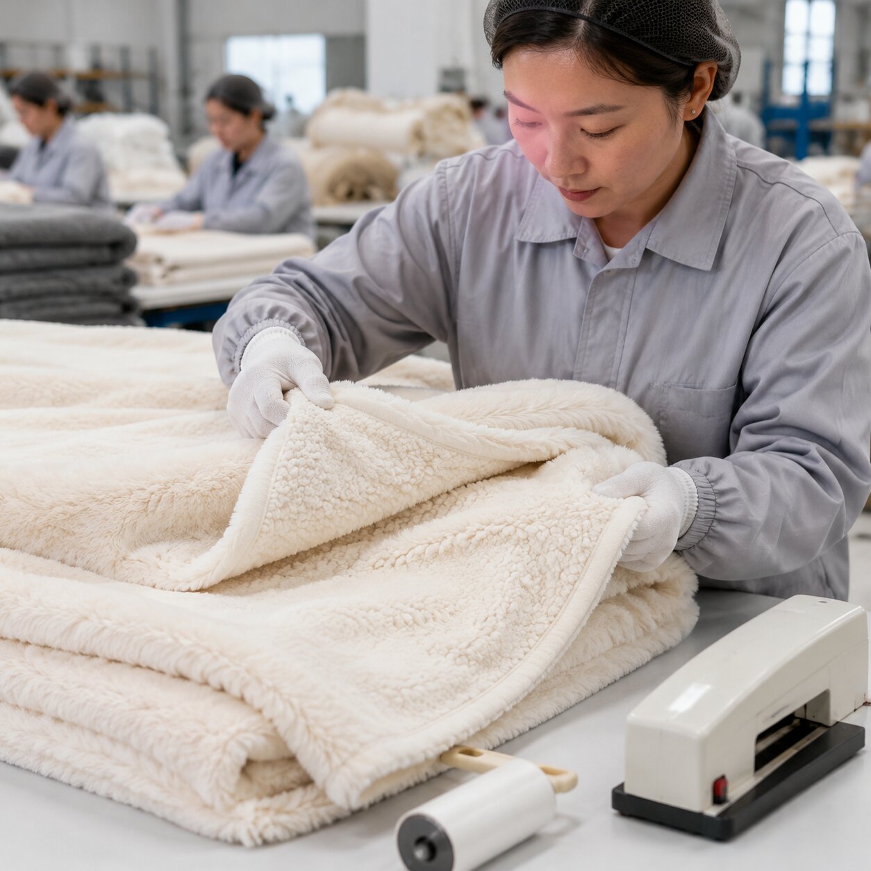 315gsm faux rabbit fur throw with sherpa reverse folded on a factory inspection table showing pile surface and stitched edge