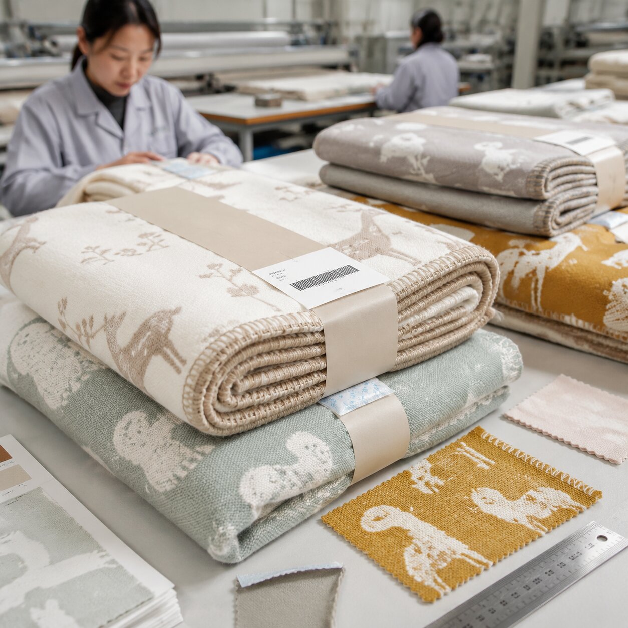 Folded 320gsm bamboo-viscose cotton jacquard nursery blankets with woven cloud pattern and paper belly bands on a QC table