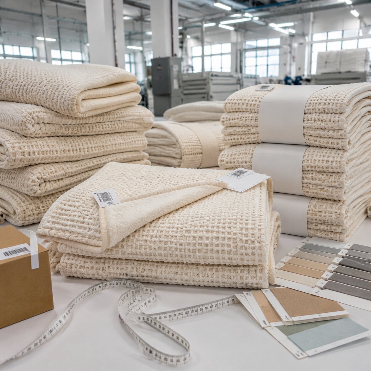 Stack of cream 320gsm cotton-poly thermal knit blankets with waffle texture, folded with belly bands on a QC table