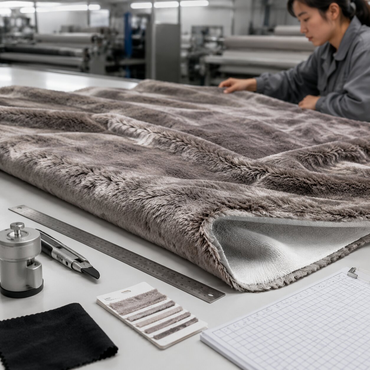 Close view of a 320gsm polyester faux fur throw with knife-cut edge on inspection table, showing dense short pile and clean cut perimeter