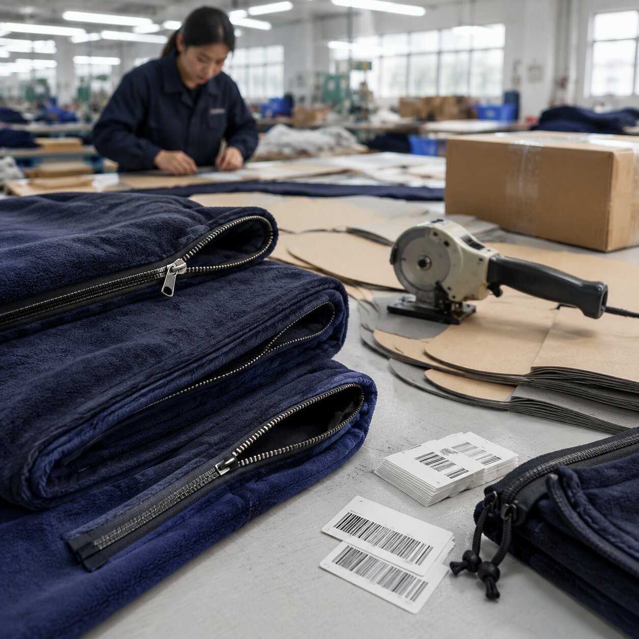 320gsm polyester fleece sleeping bag liners folded with two-way zipper tape and size graded patterns on a cutting table