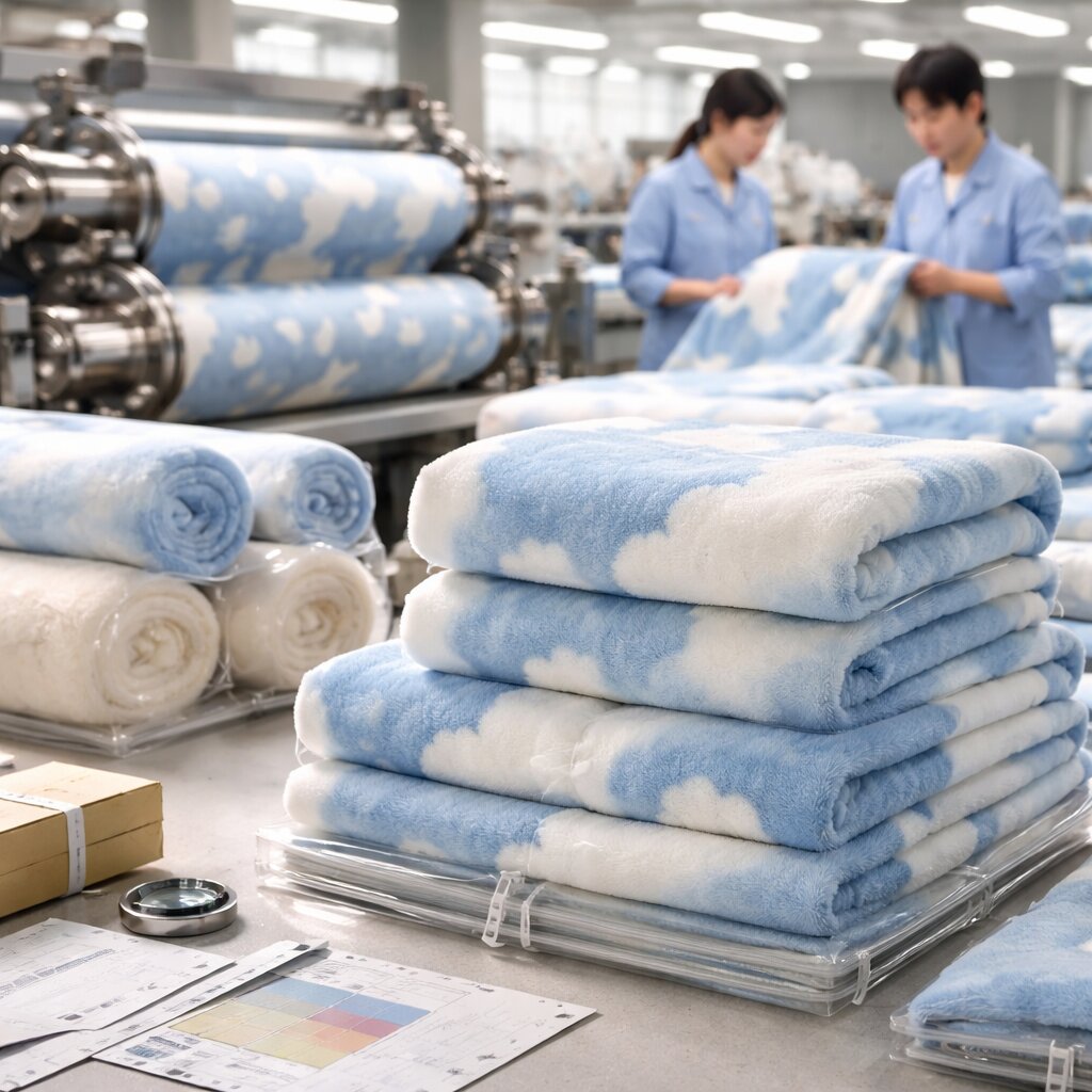 Stacks of 320gsm raschel polyester blankets with blue and cream cloud print beside rotary screen printing cylinders in a blanket mill